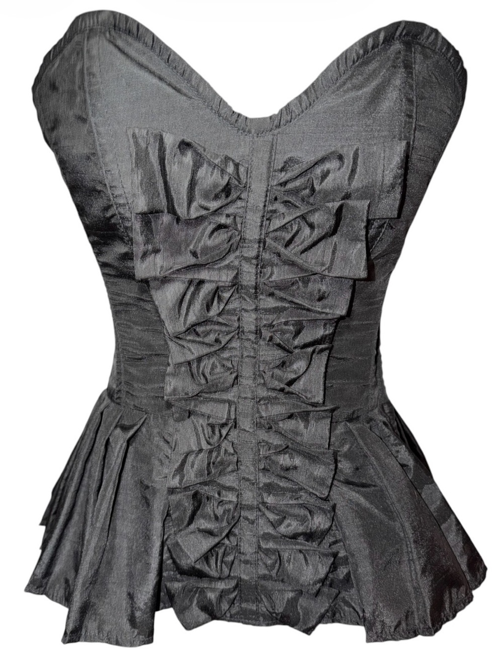 Black Taffeta Steel Boned Corset with Ruffled Sweetheart Neckline & Peplum Waist